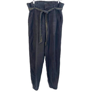ANTHROPOLOGIE Cargo Pants Womens Size 2 Charcoal Grey Linen Blend Paperbag Waist